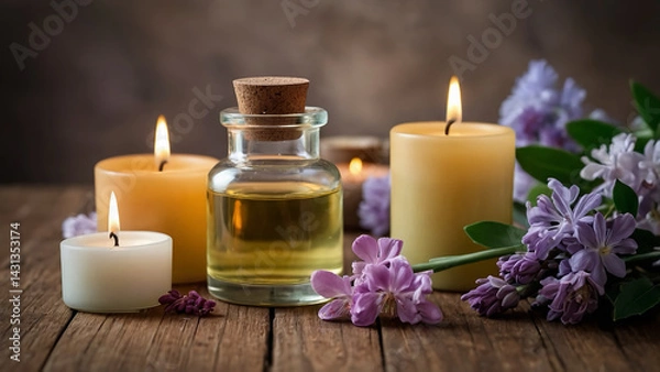Obraz Purple lavender, essential oil, and candles create a relaxing spa aromatherapy experience with a soft flame and natural beauty