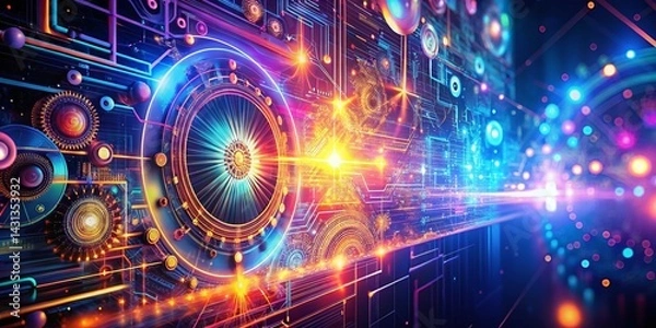 Fototapeta Abstract Digital Background: Vibrant Colors, Glowing Tech Patterns, Innovation, Connectivity, 3D Illustration