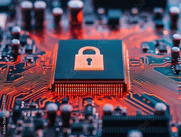 Obraz A close-up view of a microchip featuring a padlock symbol, representing cybersecurity and digital protection in technology.
