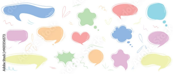 Fototapeta Colorful speech bubbles sticker designs set in shape of heart, star. Abstract speech bubbles. Pastel color message box designs. Hand drawn vector illustration in flat style. Dialogue element.