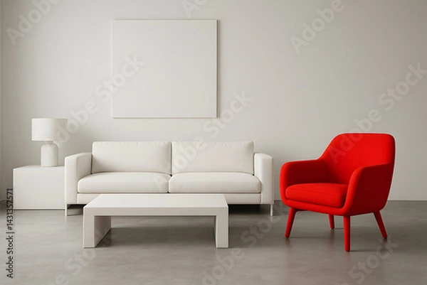 Fototapeta Minimalist Living Space with Red Lounge Chair and White Sofa. Simple Modern Interior with Neutral Base and Bold Accent Color for Contemporary Home Design... Home Decor.