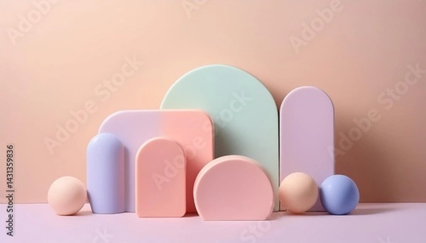 Obraz Abstract pastel background with geometric shapes and spheres. Perfect for product displays or minimal designs.