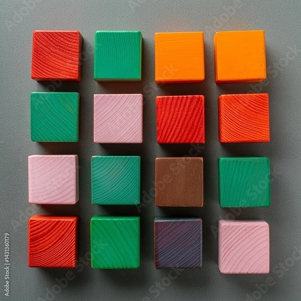 Obraz Vibrant colored wooden cubes arranged in a grid. Perfect for design, texture, and color concepts.