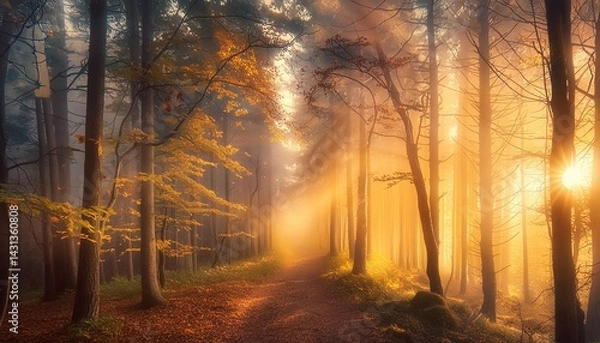 Obraz Magical sunrise through misty autumn forest. Perfect for nature, tranquility, peace themes.