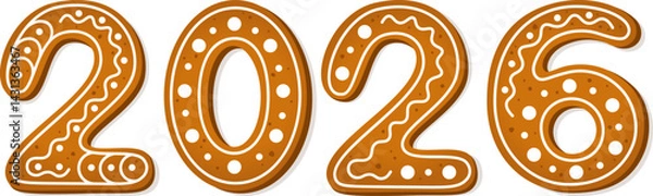 Obraz Gingerbread cookies in the shape of the numbers 2026. New Year, sweet, homemade dessert or winter holiday theme. Vector illustration.