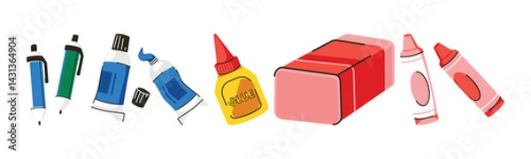 Fototapeta An assortment of colorful craft and stationery supplies for drawing, writing, coloring, gluing, and erasing. Perfect for educational and artistic projects.