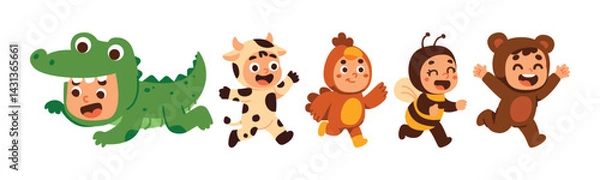 Fototapeta Cartoon illustration featuring kids dressed in playful animal costumes. They are running and having fun, evoking joy and imagination.