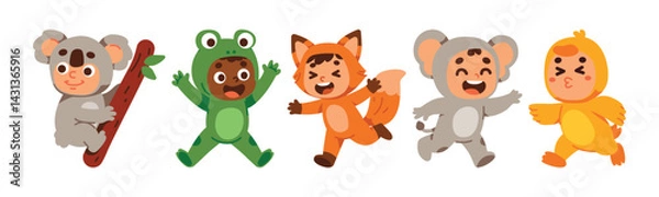 Fototapeta Cheerful kids wearing cartoon animal costumes such as koala, frog, fox, mouse and duck. Children are happily playing in the event.