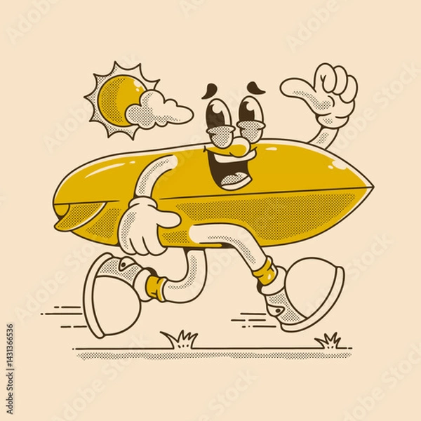 Fototapeta Happy Surfboard Character Running Under The Sunlight