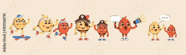 Fototapeta A playful group of animated characters showcasing diverse activities and expressions, perfect for children's content or lighthearted promotional materials.