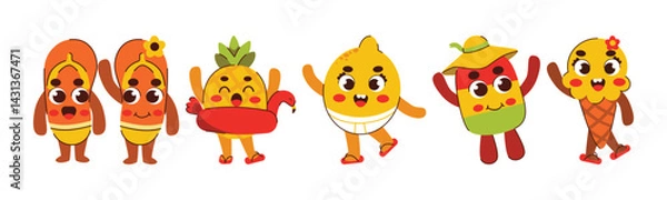 Fototapeta A cheerful cartoon illustration featuring a group of summer-themed characters, including sandals, fruits, and ice cream, all with playful expressions.