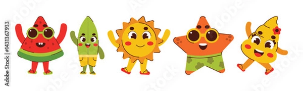 Fototapeta Five cheerful summer fruit characters stand together, bringing fun and joy to any design with their playful expressions.