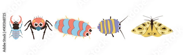 Fototapeta A group of colorful cartoon insects including a beetle, spider, two caterpillars, and a moth. They are drawn in a simple and whimsical style.