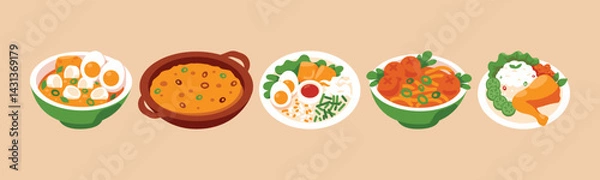 Fototapeta A colorful and appetizing arrangement showcasing an array of culinary dishes. From hearty stews to vibrant platters, a gastronomic delight is on display.