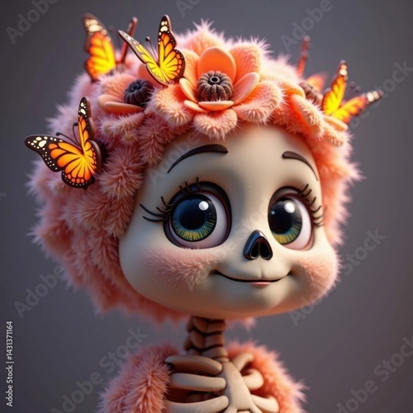 Fototapeta A vibrant, whimsical character with a skeleton face, adorned with colorful flowers and butterflies, exudes a cheerful and artistic vibe.