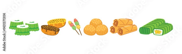 Fototapeta A cheerful collection of delightful asian snacks and desserts, perfect for illustrating culinary themes or representing tasty treats in graphic designs.