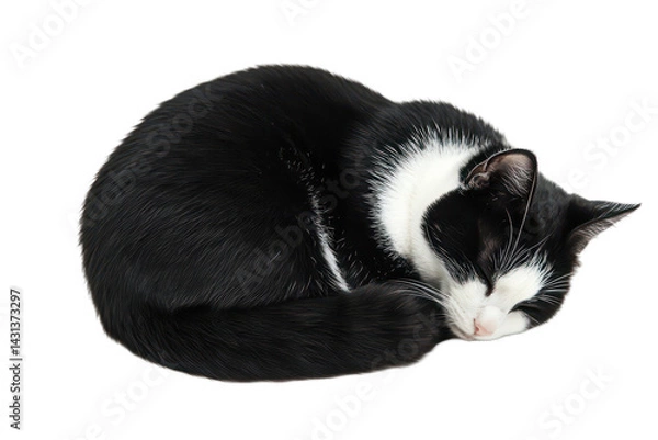 Fototapeta Sleeping Tuxedo Cat: A black and white cat curled up in a peaceful sleep, showcasing the epitome of feline tranquility. The image exudes a sense of comfort and relaxation.