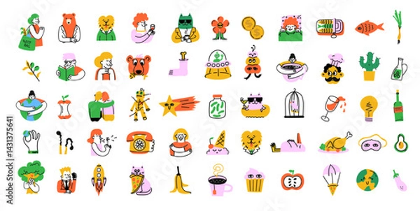 Fototapeta Groovy hipster 90s style avatars, logos, icons stickers illustrations set. Collection of trendy retro doodle illustrations for the patches, stickers, labels, tags, stamps.