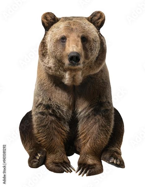 Fototapeta majestic brown bear sitting calmly with detailed fur texture, wild forest animal on isolated background for nature and wildlife themes
