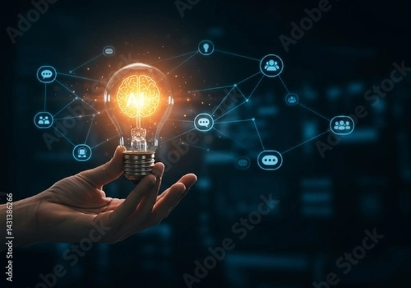 Fototapeta Hand Holding Glowing Lightbulb with AI Symbol and Network Connections