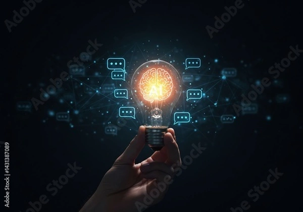 Fototapeta Hand Holding Glowing Lightbulb with Brain and Network Connections