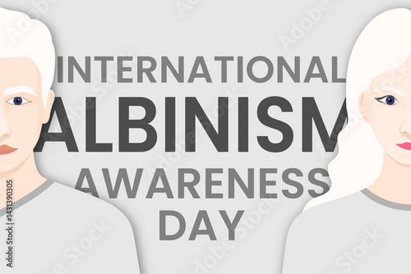 Obraz International Albinism Awareness Day vector. Illustrated albino male and female couple together against the event-titled backdrop. Genetic disorder awareness campaigns.