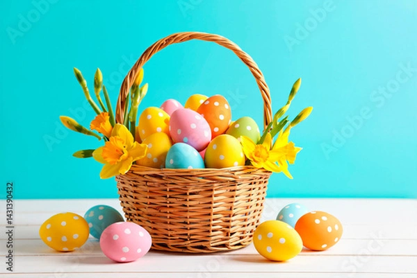 Obraz Easter is a Christian holiday. Basket, dyed eggs