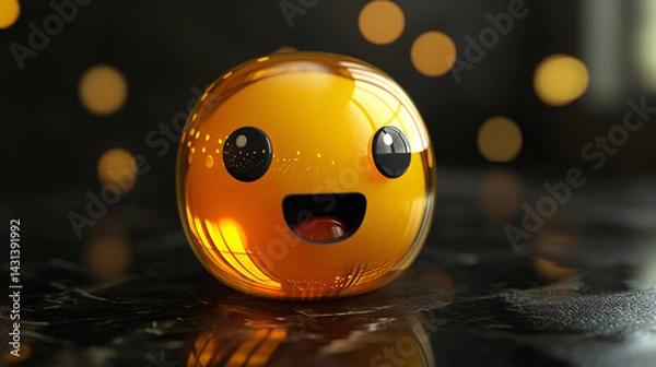 Obraz A vibrant yellow chat bubble icon with a cute, smiling face and decorative golden elements, isolated on a clean, black background for social media applications