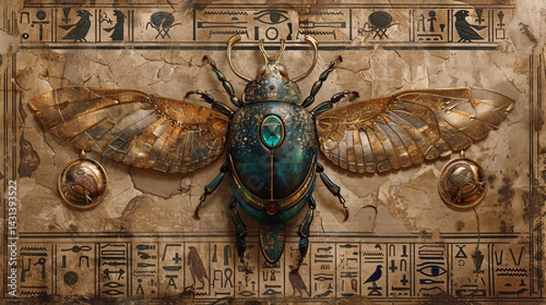 Obraz A vintage-inspired design of an Egyptian scarab amulet, featuring gold and precious gems, set against an antique scroll with hieroglyphs and ancient symbols