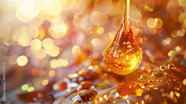 Obraz A vivid graphic of a yellow vitamin droplet in mid-flow, with a shiny, transparent surface and abstract background, highlighting the natural essence of the serum