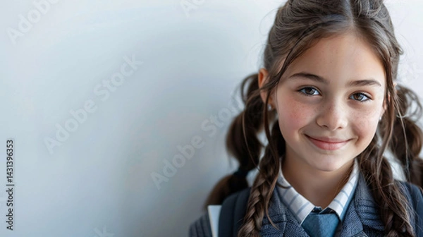Obraz A young schoolgirl smiling while studying with a book and backpack, dressed in a uniform, set against a clean white background, radiating happiness and positivity