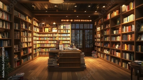 Fototapeta Cozy library with wooden shelves and books.