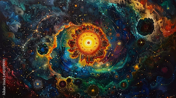 Obraz An abstract representation of space with intricate patterns and detailed stars, featuring a central core of glowing light surrounded by dark and vibrant colors