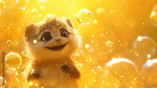 Obraz An adorable illustration of a small animal with a joyful expression, surrounded by floating, shiny bubbles and set against a vibrant yellow backdrop