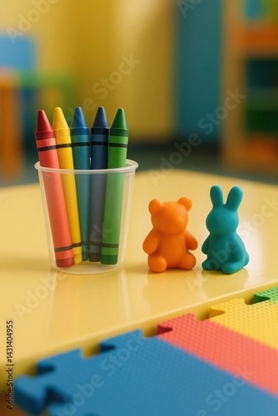 Obraz Clay Bear and Bunny beside Crayon Cup on Preschool Table with Puzzle Mat

