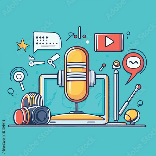 Fototapeta Video and podcast. Vector illustrations in of multimedia video streaming podcast broadcasting webinar social media shorts communication app