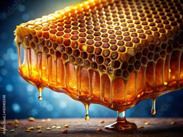 Fototapeta Aerial View Golden Honey Dripping Authentic Honeycomb - Natural Sweetness Texture
