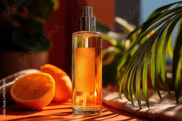 Obraz Transparent perfume bottle displayed with fresh oranges and tropical plants, creating a summery atmosphere