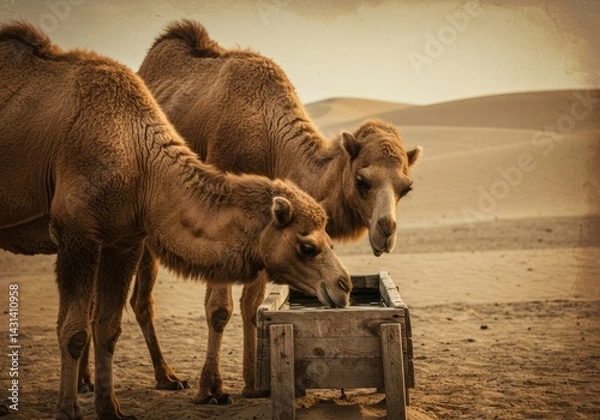 Fototapeta Two Camels Drinking from Wood Trough in Dune Landscape