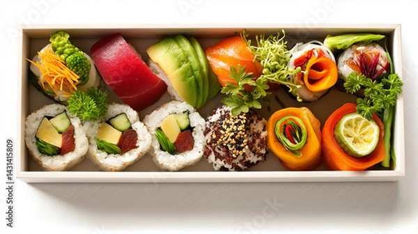 Fototapeta Elegant Japanese Bento Box Arrangement with Sushi and Veggies