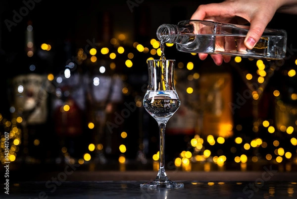 Fototapeta Bartender pours Italian grape vodka grappa in glass. Bottles of strong drinks on black bar counter background with lights