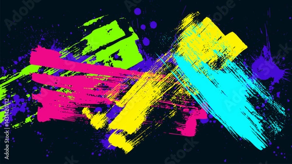 Fototapeta Dark grunge background with irregular multicolored reflective brush strokes.