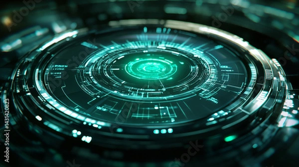 Fototapeta Futuristic Digital Interface with Green Circular Pattern and Reflected Elements for Legal Technology and Data Analysis Applications