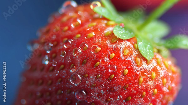 Fototapeta Vibrant macro photo of a strawberry with fresh water droplets
