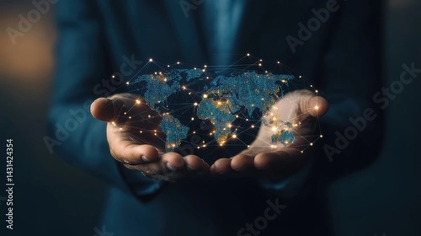 Fototapeta Digital technology, businessman holding Global network connection. Big data analytics and business intelligence. World map point and line composition of global business. innovation,