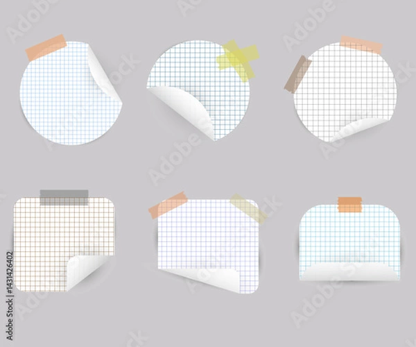 Obraz Simple White Stickers Checkered Notes Realistic Paper on Grey Background Illustration