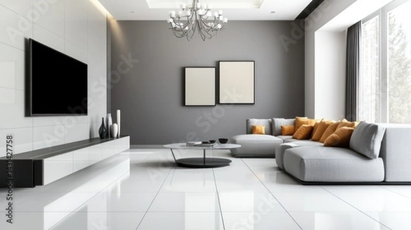 Obraz Modern gray living room with sectional sofa, large window, and TV