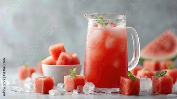 Fototapeta Refreshing Watermelon Juice in Glass with Cubes and Slices, Summer Drink Still Life, Healthy Beverage, Food Photography