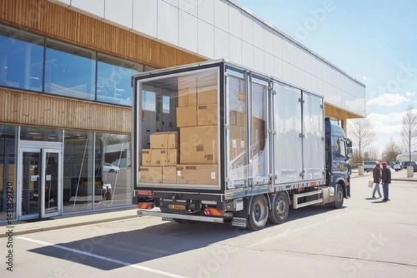 Fototapeta Boxes being loaded onto a truck for delivery in logistics center