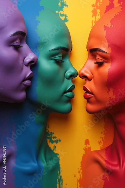 Obraz Intricate face painting highlights three models adorned in bold colors against a bright background, emphasizing artistic creativity and unity - LGBTQ symbol - Generative AI.
